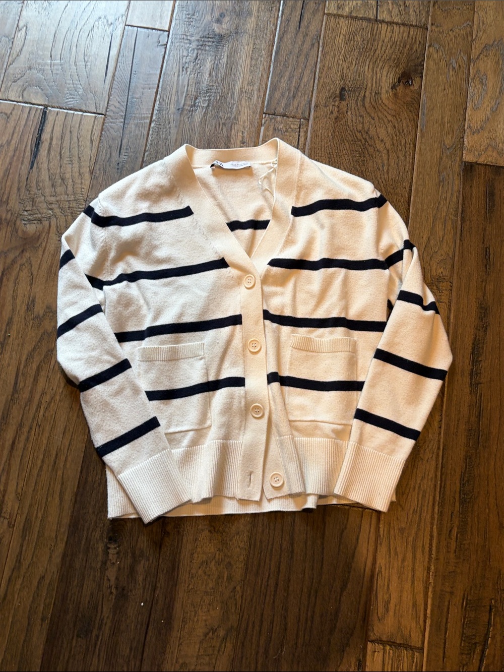 Zara Cream Cardigan with Navy Stripes